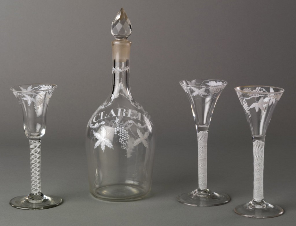 Decanter and wineglasses, 1975.44.2, .42, .43.1-.2