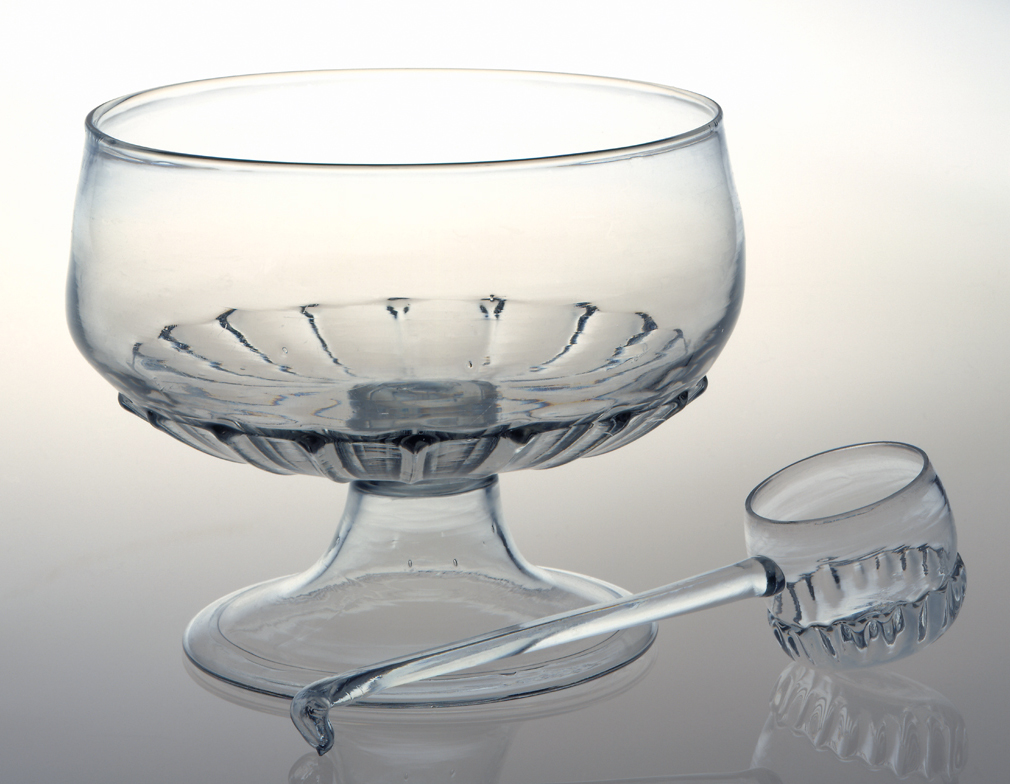Glass punch bowl & ladle, 1996.21.1, .2.